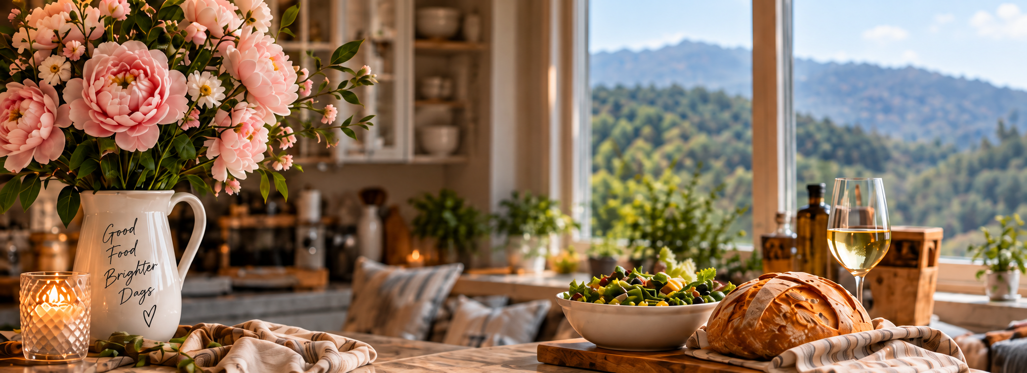 Peonies, bread and wine in a kitchen overlooking the mountains