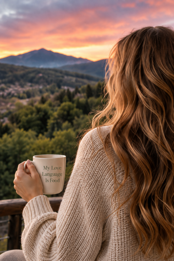 Edited sunset scene — rear view holding a My Love Language Is Food mug