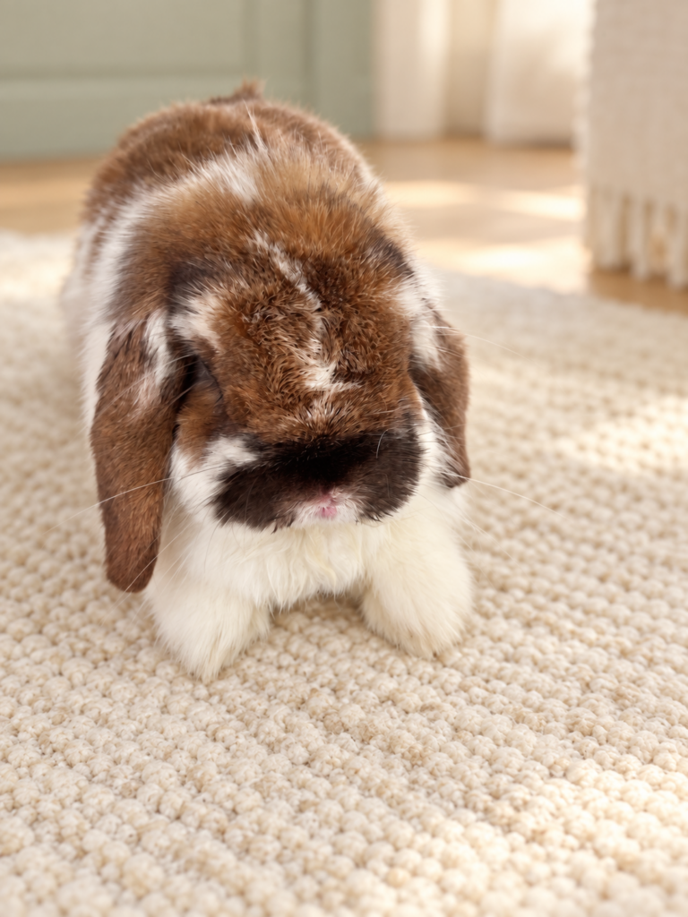Mallow, a female white-and-brown Holland Lop — edited pastel room background