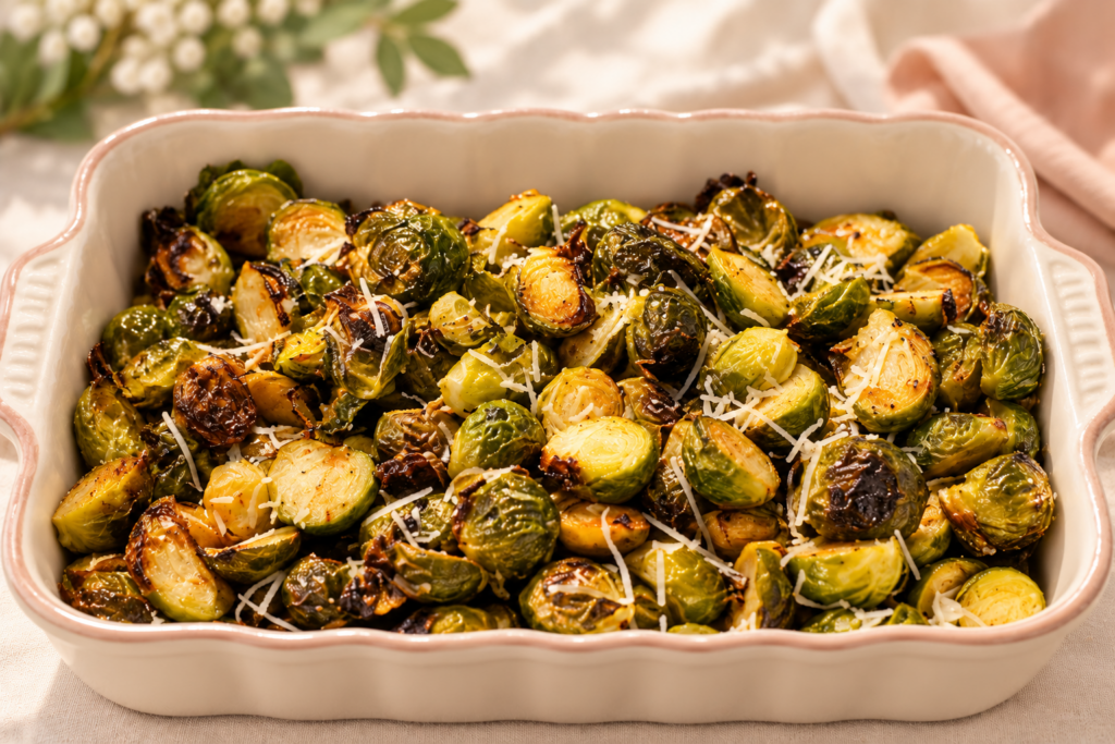Roasted Brussels sprouts — supplied photograph with edited ceramic serving dish